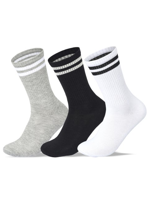 Men Set of 3 Long Lycra Stripped Elastic Socks White-Black-Grey